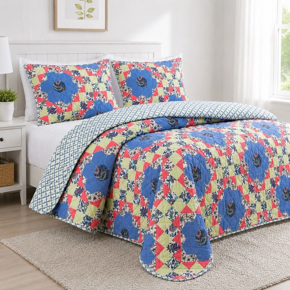 Vera Bradley King Quilt Set 3 Piece Reversible Floral Patchwork Blue Green Shams